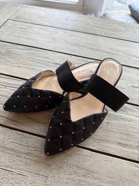 Jessica Simpson Black Quilted Pointed Mule with Studded Detail